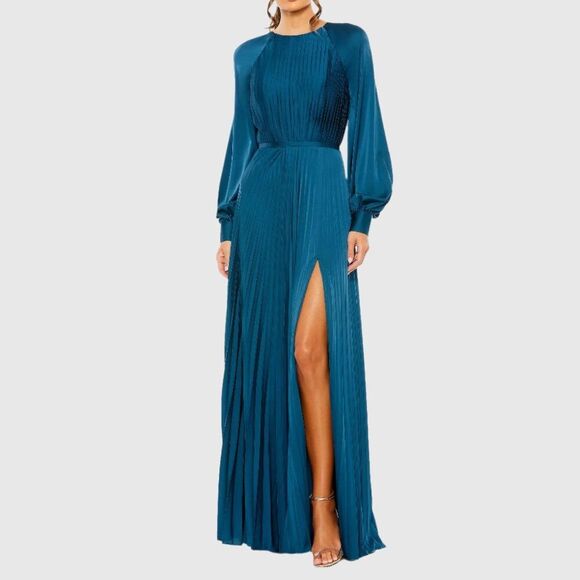 $498 Mac Duggal 26590 Size 8 Blue Pleated High Neck Long Sleeve Maxi Dress Gown - Picture 2 of 4